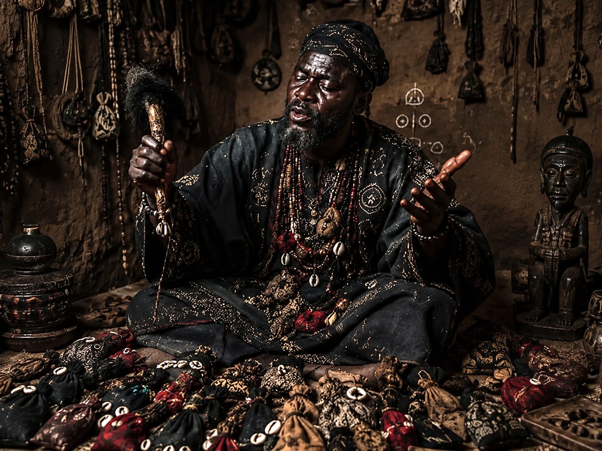 Le Marabout Fadiala assis devant ses gris-gris, cauris et objets rituels